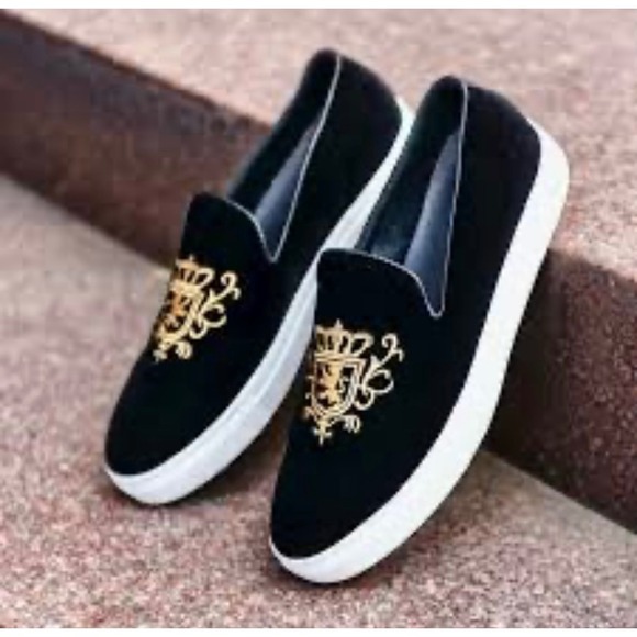 Marc Nolan Velvet Royal Winston Black Slip On Shoe Gold Lion Crest Men's Size 9 - Picture 1 of 8